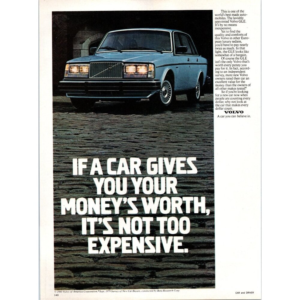 1981 Volvo GLE Luxury Sedan Vintage Print Ad Cobblestone Driveway Blue Wall Art